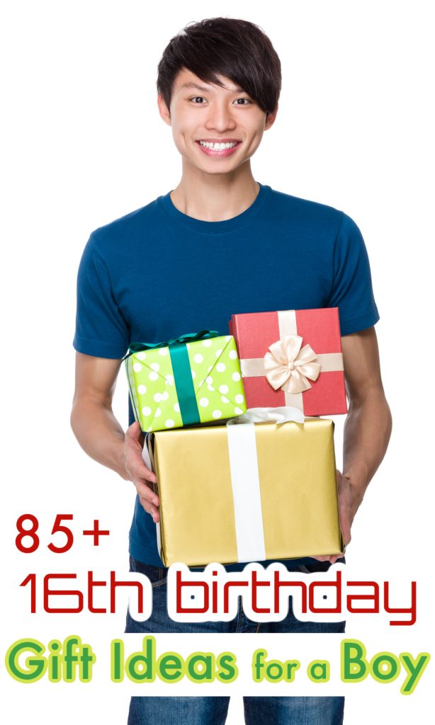 smiling teen boy holding stack of colorful gifts.