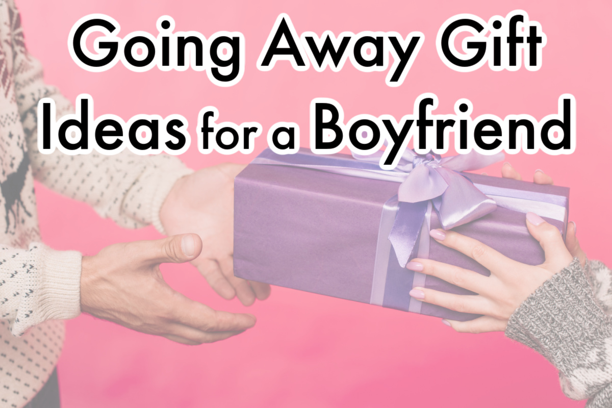 woman handing purple gift box to man with text overlay.