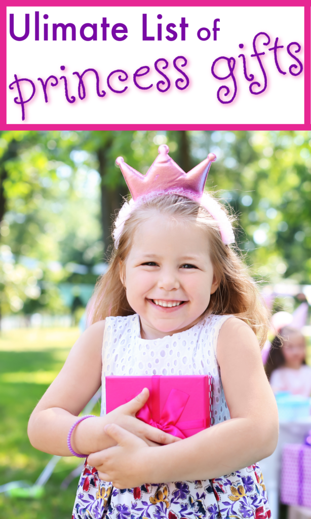 young girl wearing pink crown smiling and holding gift.