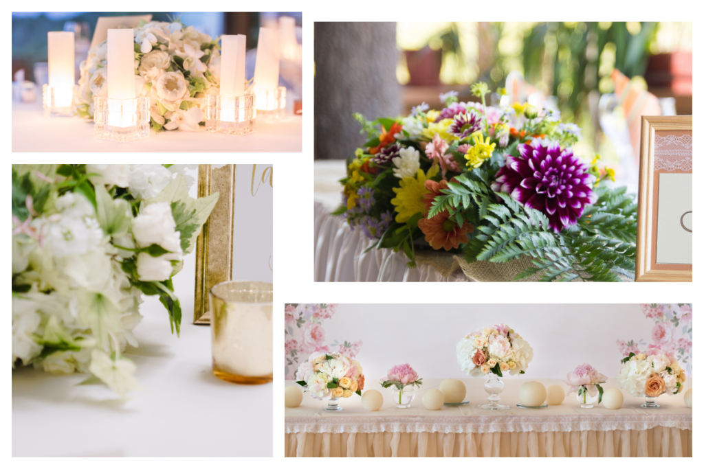 collage of 4 floral and candle arrangements.