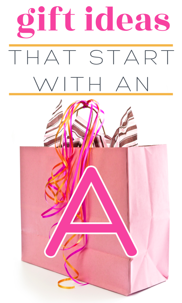 pink gift bag with pink and orange ribbon and pink letter "a" on it.