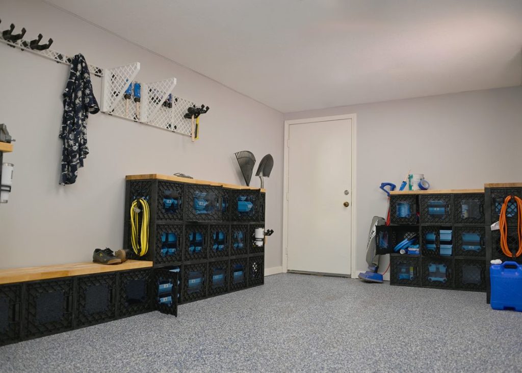 A garage with a lot of storage space.