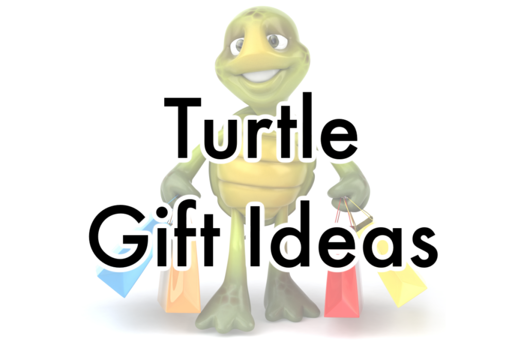 smiling cartoon turtle holding colorful gift bags with text overlay.