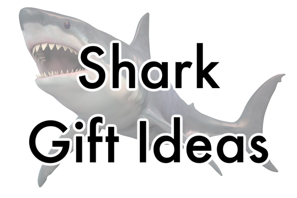 grey shark with mouth open on white background with text overlay.