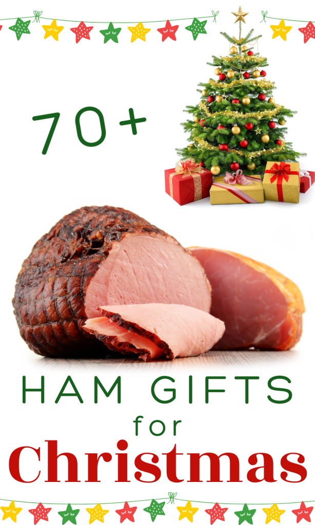 Christmas tree with gifts and sliced ham.