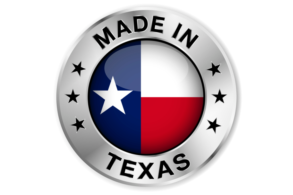 silver circle with Texas state flag in the center and text "made in Texas".