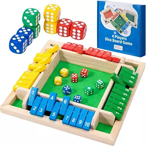 Shut The Box Dice Game, 1-4 Players Wooden Board, Math Skills Game for Kids & Adults, Easy to Learn