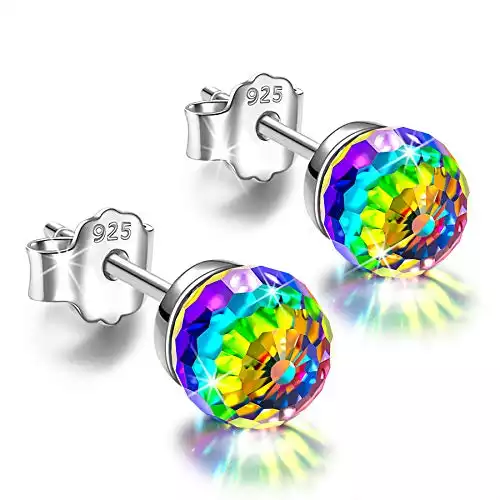 Rainbow Crystal Studs Earrings Sterling Silver Hypoallergenic Color Changing