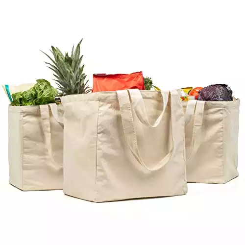 Canvas Grocery Bag 3pc Jumbo Set with Real Pockets, Long Shoulder Strap and Short Handle. Reusable, Washable