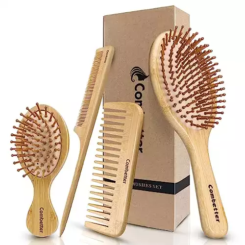 Bamboo Hairbrush and Comb Set - Eco-Friendly Natural Paddle Detangler Hairbrush with Scalp Massage
