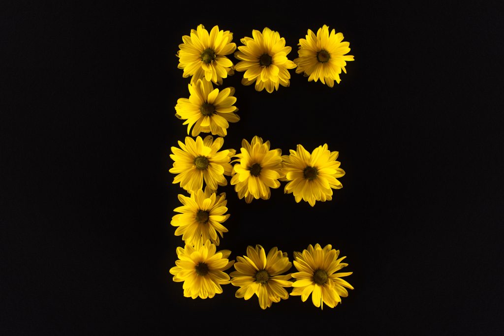 The letter e is made of yellow daisies on a black background.