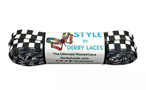 Derby Laces Style Wide 10mm Waxed Lace for Roller Skates, Hockey Skates, Boots, and Regular Shoes (Checkered Black and White, 96 Inch / 244 cm)