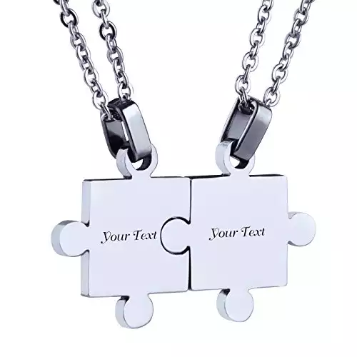 Custom Engraving Name/Date Stainless Steel Matching Jigsaw Puzzle Pendant Chain Necklace For Couple's Gift (silver)
