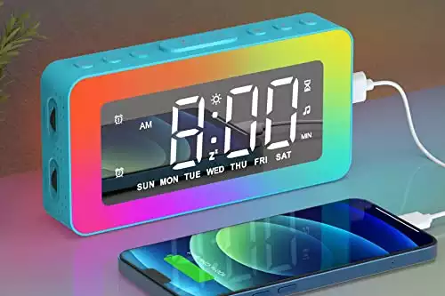 AFEXOA RGB Night Light Alarm Clock for Kids, Teenagers, Adults, Mirrored Clock with Dual Alarms, Snooze, LED Display, USB Charger, Small Dimmable Alarms for Bedtime