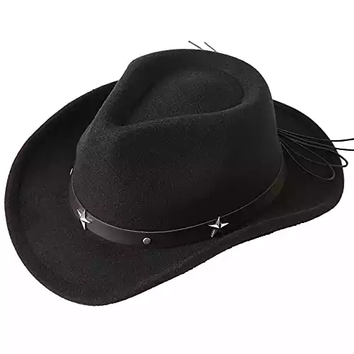 Jastore Kids Girls Boys Western Cowboy Cowgirl Hat with Buckle Belt Felt Fedora Hat (Black, 4-12 Years)