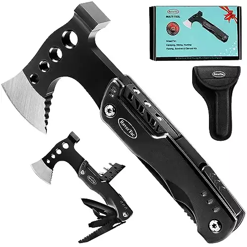 RoverTac Camping Axe Hatchet 11-in-1 Multitool Camping Survival Gear Gifts for Men Dad Husband Special Mens Dad Gifts Axe Hammer Knife Saw Bottle & Can Opener 4 Screwdrivers Nylon Sheath