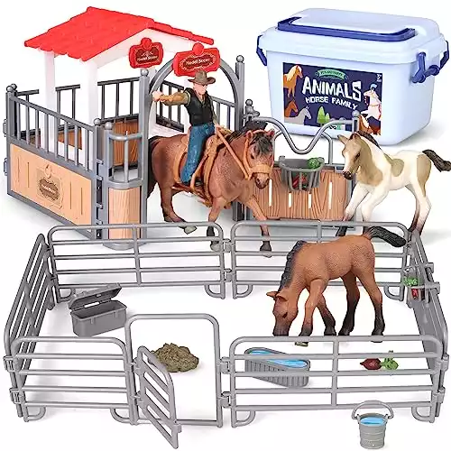 Kids Farm Animal Barn House Toy,Horse Stable Stall Horse Club Playset with Rider Horses Cowboy Toy Figures,Country World Farm Houses Pretend Play Birthday Gift for Boy Girl Child 3 4 5 6 7 8 Year Old