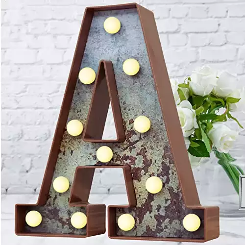 LED Marquee Light Up Letters Industrial Vintage Style Lighted Letters Rust Metal Effect Marquee Letter with Lights Illumination Letter Signs for Christmas Wedding Birthday Party Home Cafe Bar Decor-A